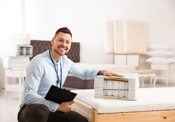 A smiling mattress salesman