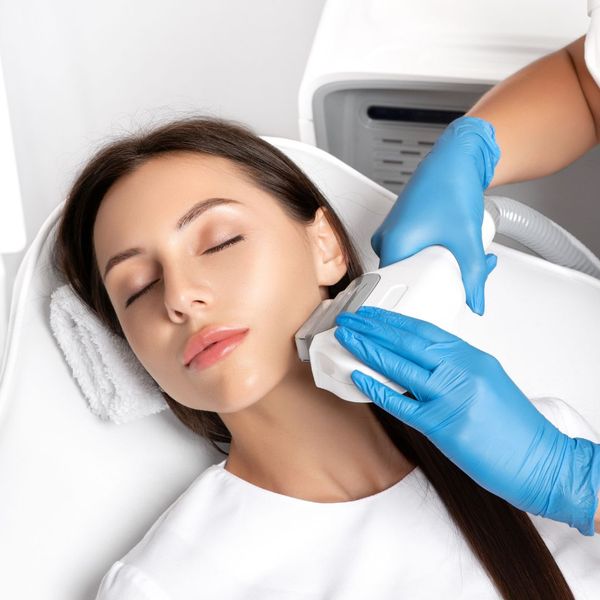 Young woman getting laser hair removal on chin area