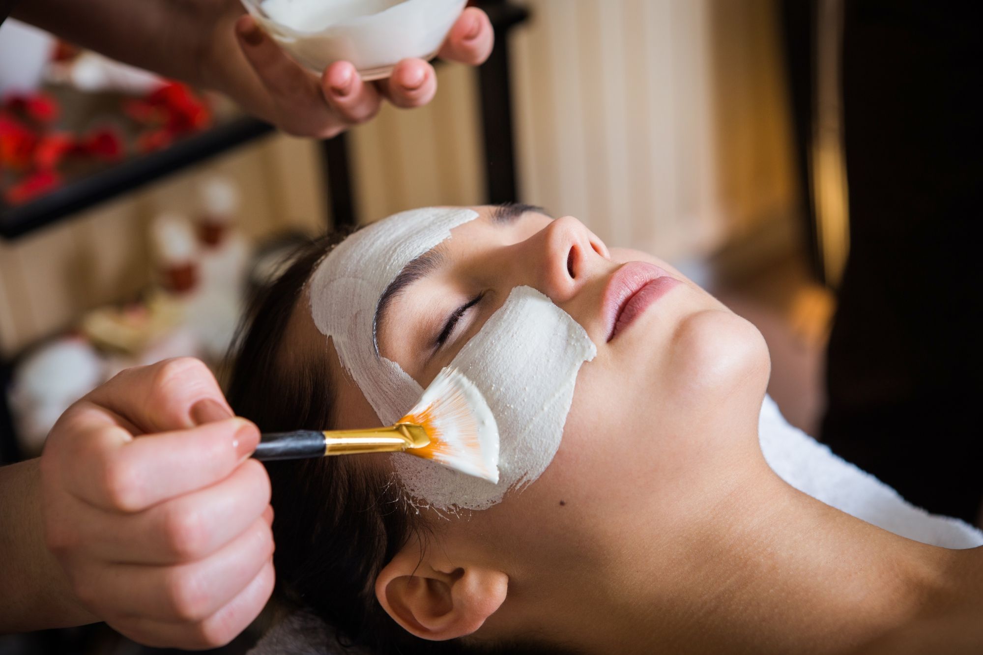 Facial mask spa treatment application at a med spa.