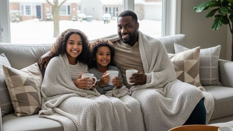 family sitting under a blanket on the couch