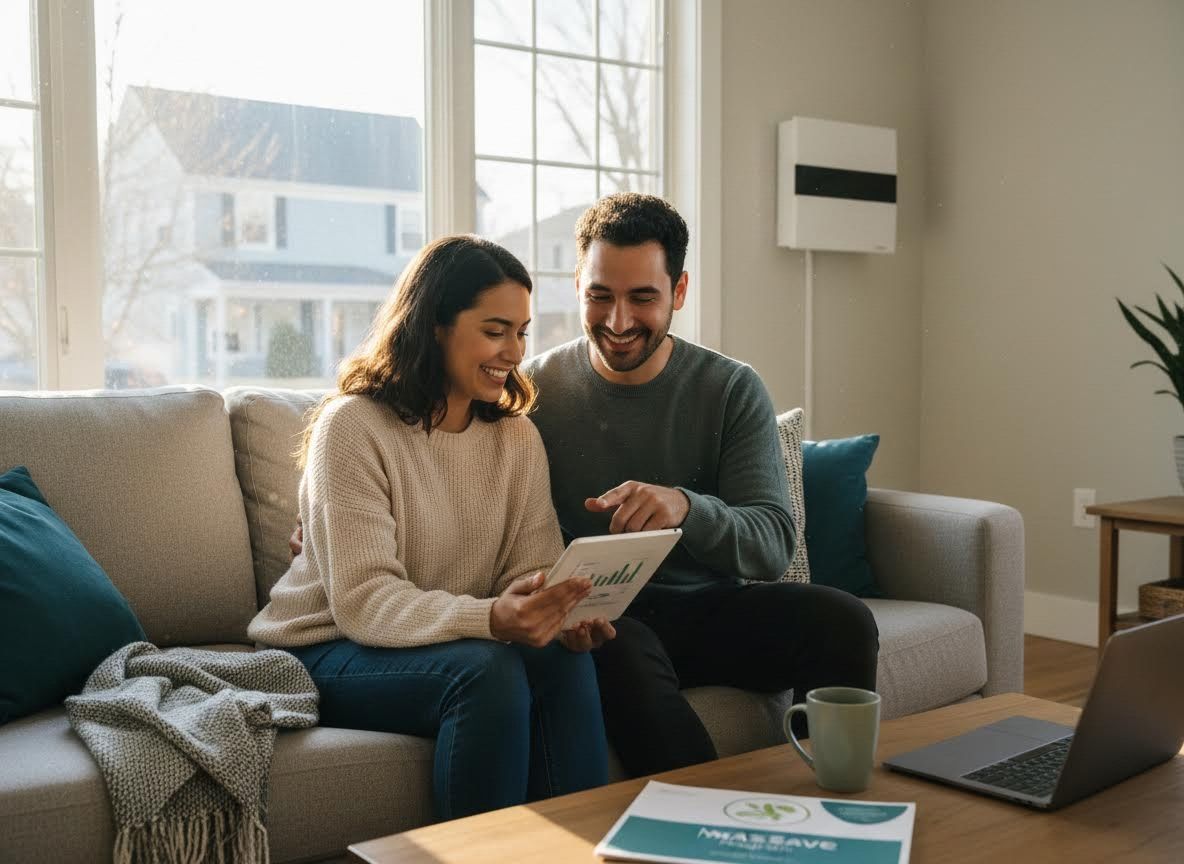 Happy couple reviewing data on a tablet at home