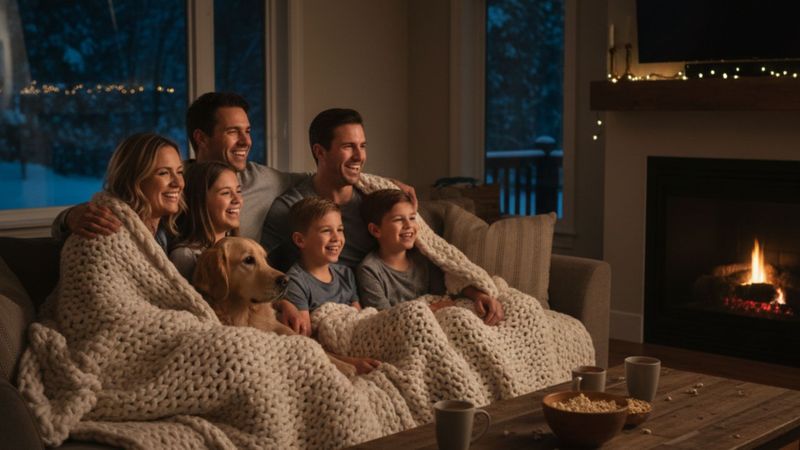 family on couch under a cozy blanket