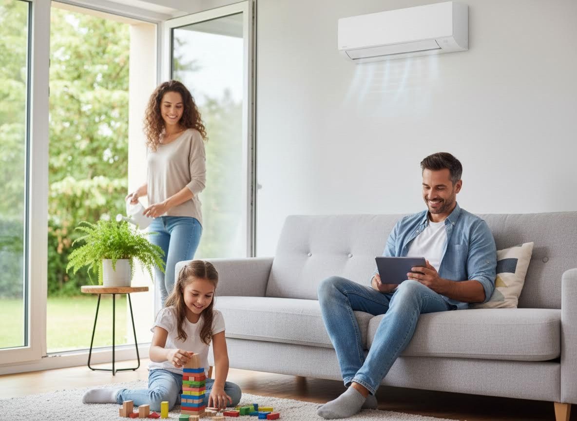 Family enjoying a cool, comfortable living room with air conditioning