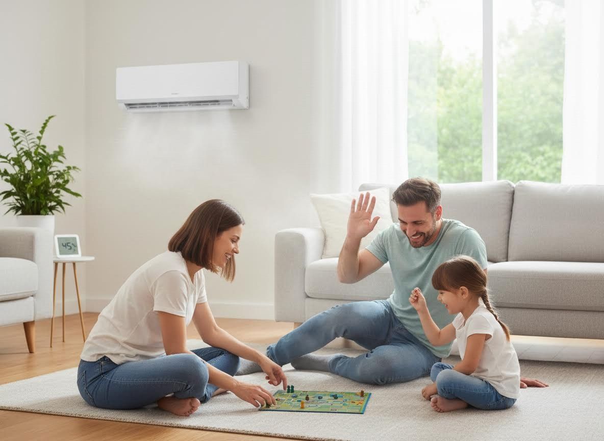 Family playing board game under air conditioner
