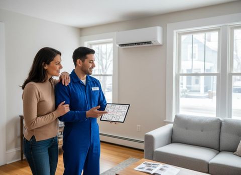 HVAC technician shows homeowner a floor plan on a tablet