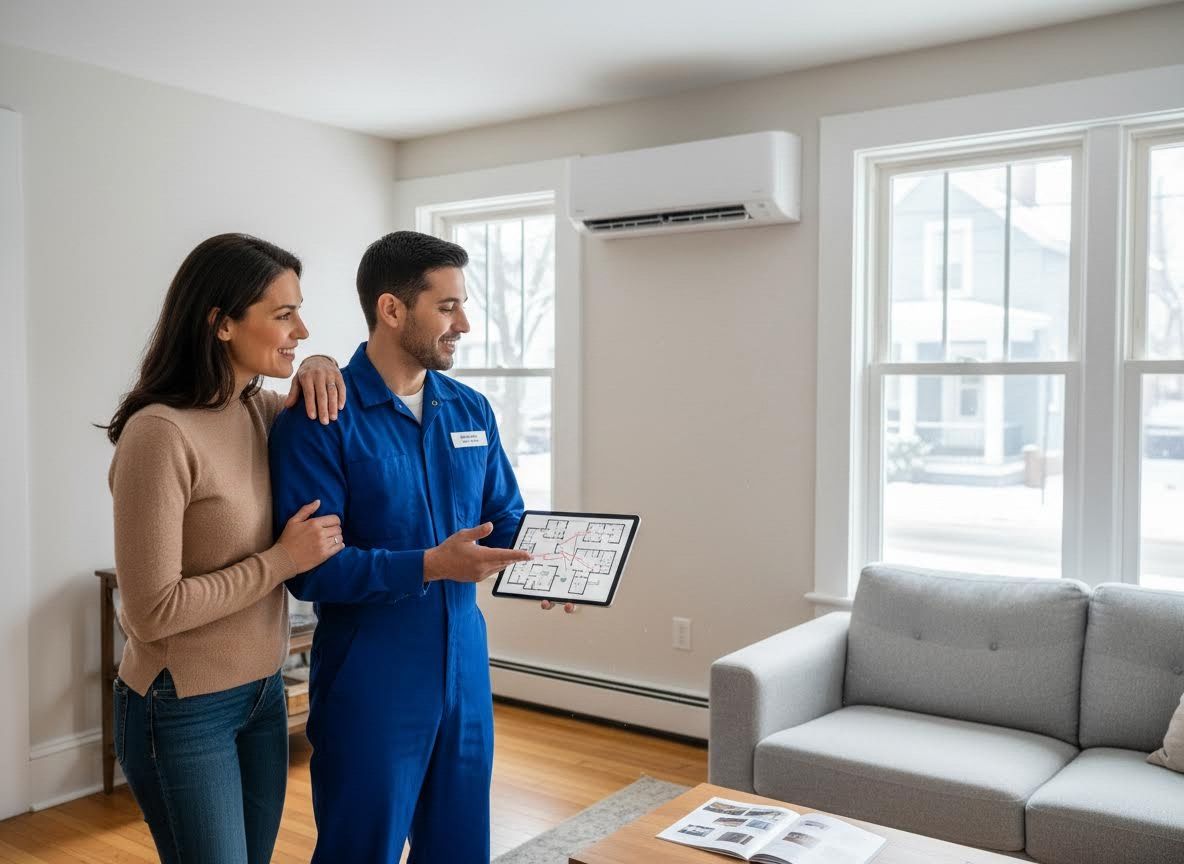 HVAC technician shows homeowner a floor plan on a tablet