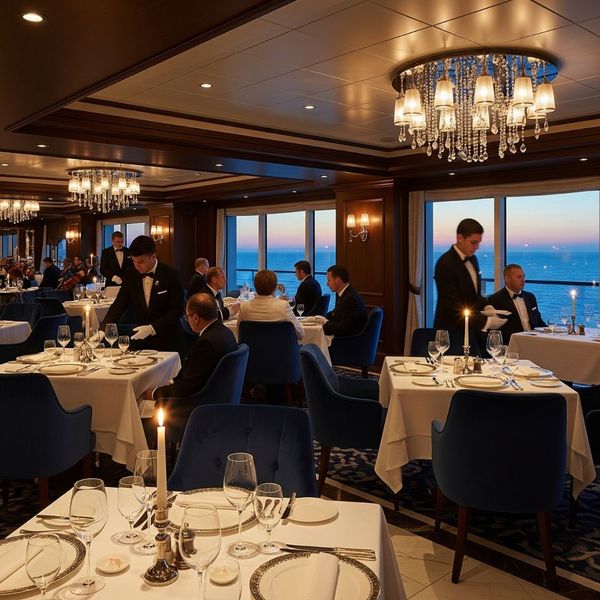 Elegant fine dining restaurant on a luxury cruise ship.