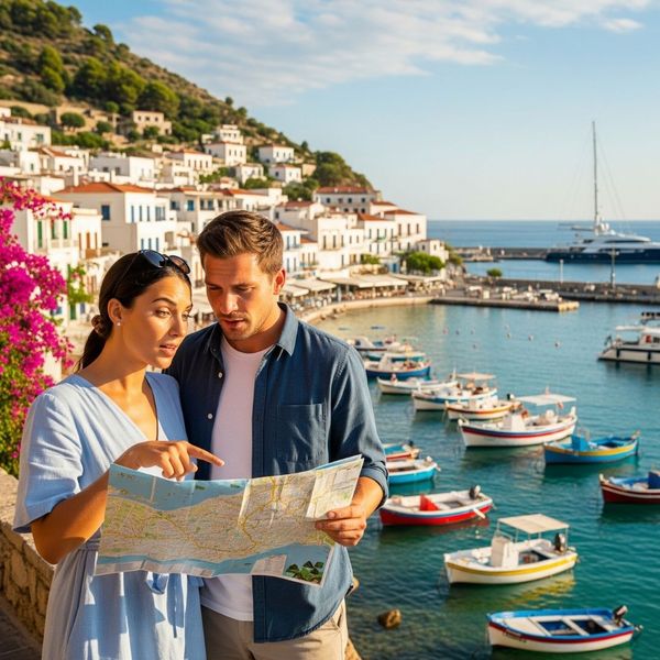 Couple looking at a map in a scenic port town.