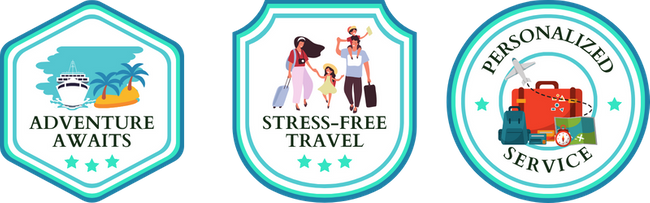 Trust badges reading: Adventure Awaits, Stress-Free Travel, and Personalized Service. Trust badges reading: Adventure Awaits, Stress-Free Travel, and Personalized Service.