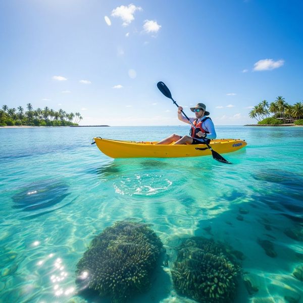 A person kayaking in clear turquoise ocean water. A person kayaking in clear turquoise ocean water.