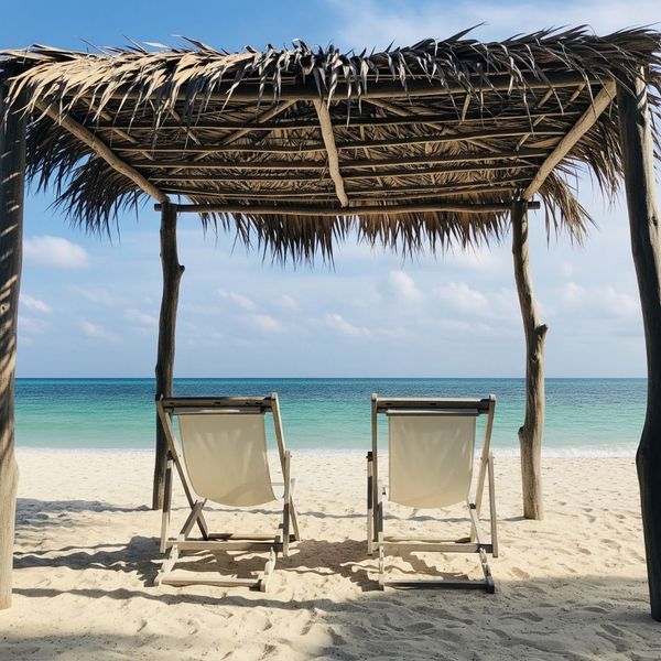 Two beach chairs under a palapa on a white sand beach. Two beach chairs under a palapa on a white sand beach.
