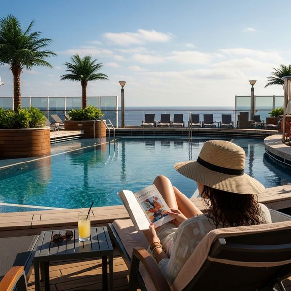 Woman reading a book by a quiet cruise ship pool.
