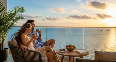 Couple relaxing on a balcony overlooking the ocean.