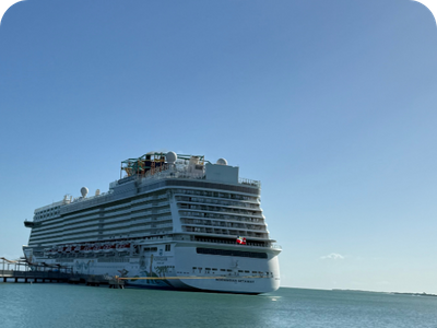A cruise ship docked at port on a beautiful, sunny day.
