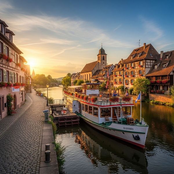 Riverboat docked in a quaint, historic European village.