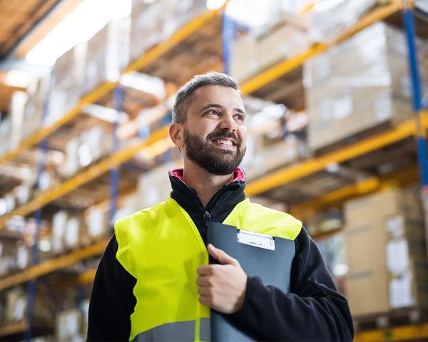 smiling man in warehouse with clipboard