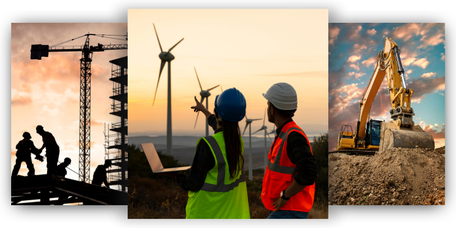 Collage of Images of Industries we serve - CONSTRUCTION AND WIND TURBINE INDUSTRIES