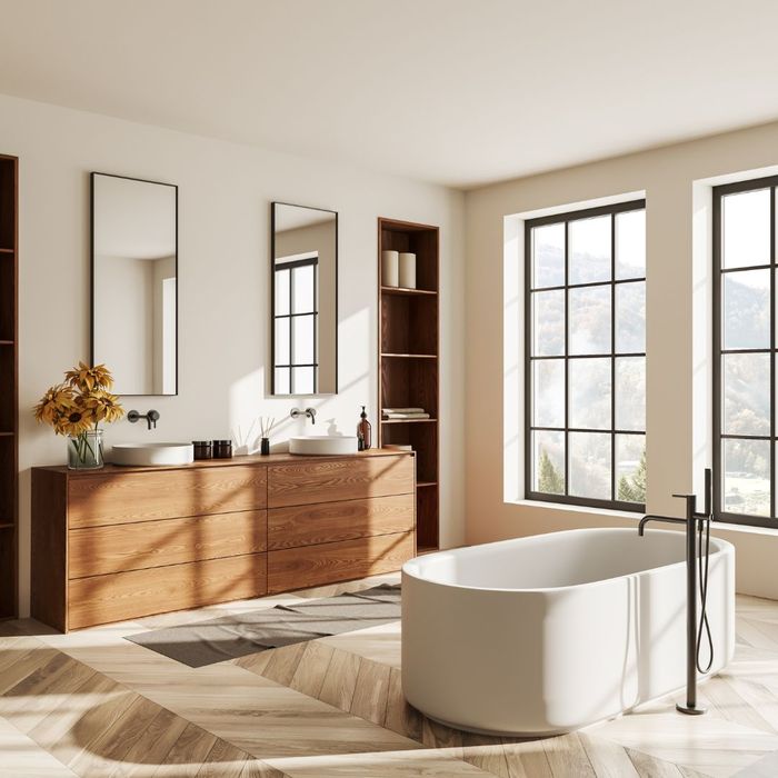 bathroom with wood accents