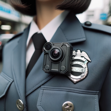 Close-up image showcasing a body camera attached to the uniform of a short-haired female police officer.png
