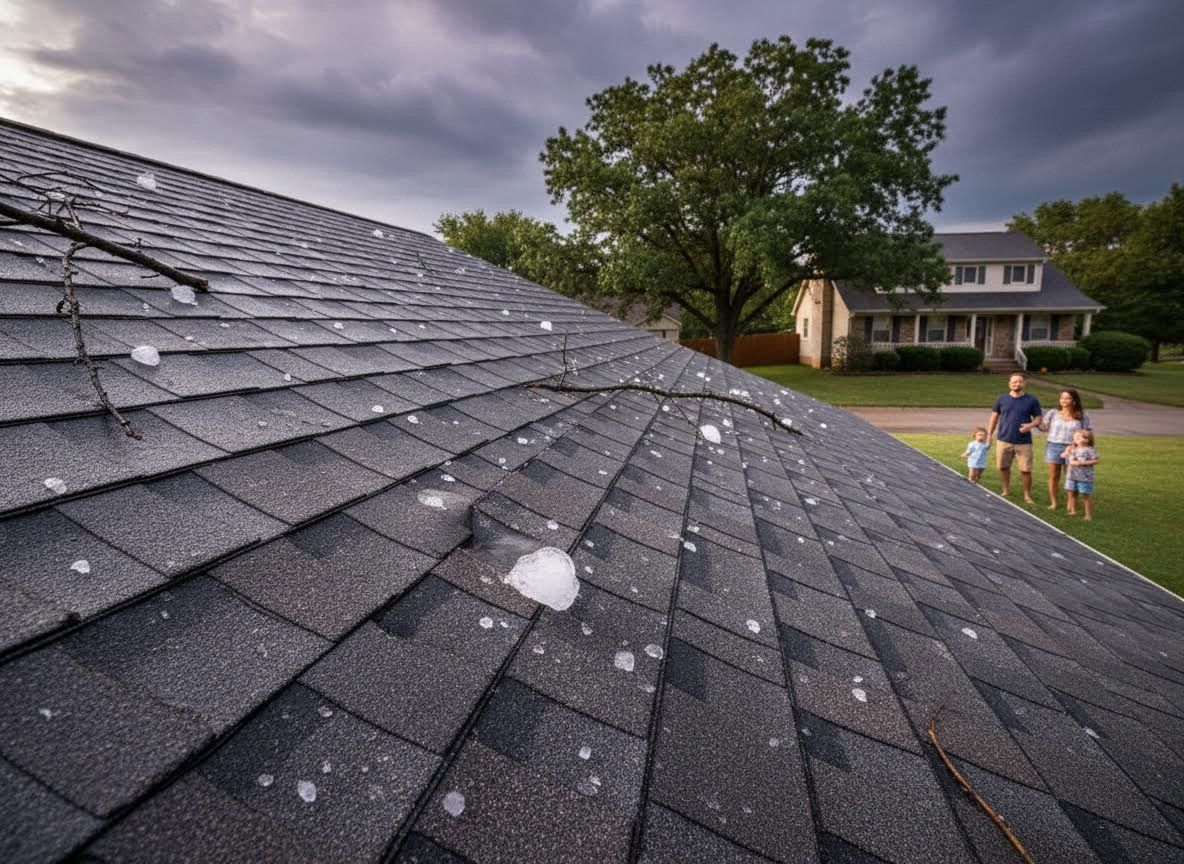Hail-damaged roof with family assessing storm impact