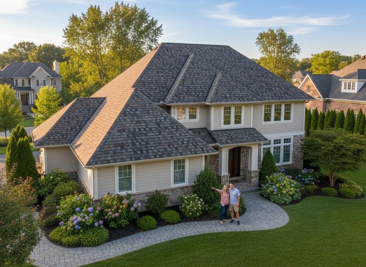 Aerial view of a modern suburban home with new roof and happy couple