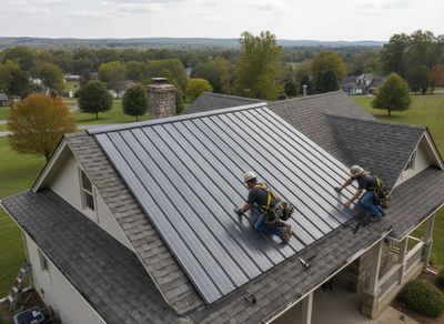 Roofers installing metal and shingle roof on a house
