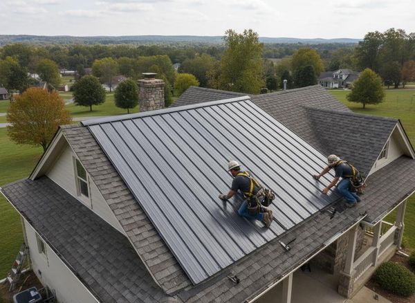 Roofers installing metal and shingle roof on a house