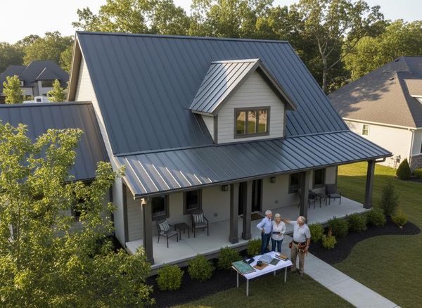Home with Dark Gray Metal Roof and People Discussing Plans