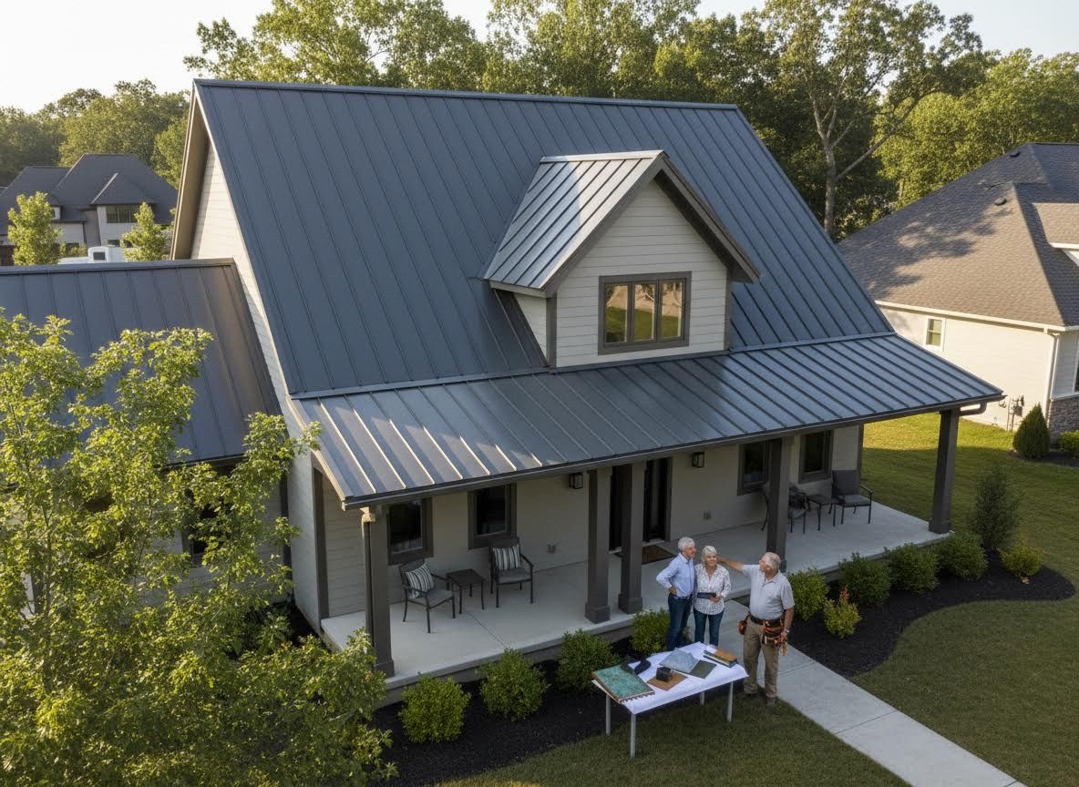 Home with Dark Gray Metal Roof and People Discussing Plans