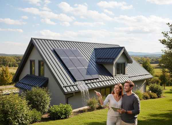 Couple with Modern Home Featuring Solar Panels and Rainwater System
