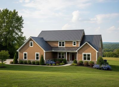 A beautiful contemporary farmhouse-style home featuring brown shingle siding, a dark metal roof, and manicured landscaping on a green lawn. Modern Farmhouse with Metal Roof and Lush Landscape