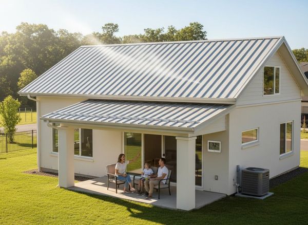 Modern House with Metal Roof and Family on Patio