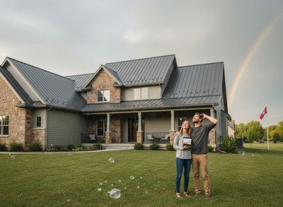 Homeowners with tablet watching rain and rainbow over new house