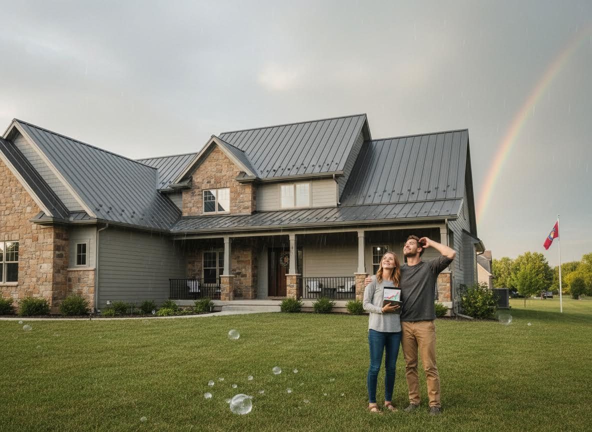 Homeowners with tablet watching rain and rainbow over new house
