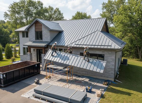 Workers installing a metal roof on a modern house