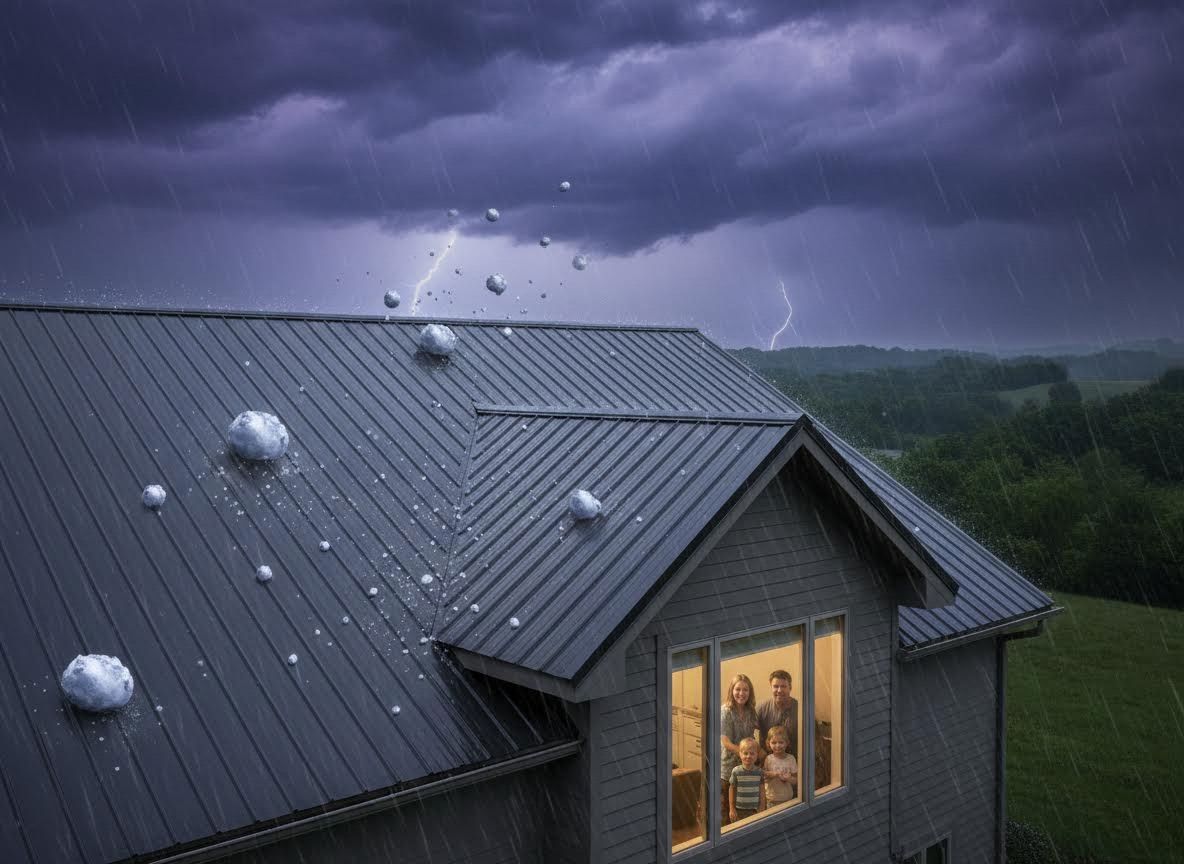 House with Metal Roof During Hailstorm and Lightning