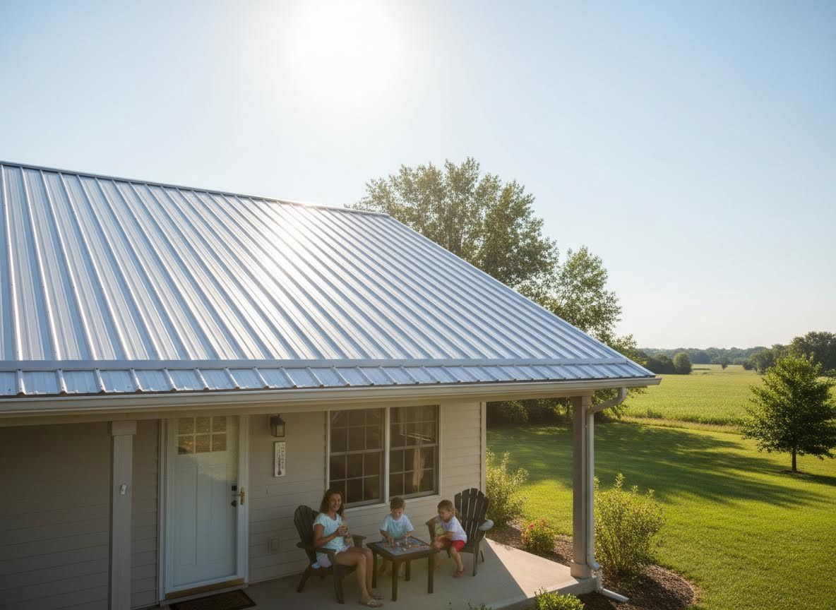 Family enjoying porch at home with metal roof