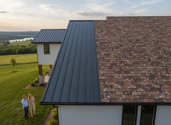 Residential roof with metal and hail-damaged asphalt shingles