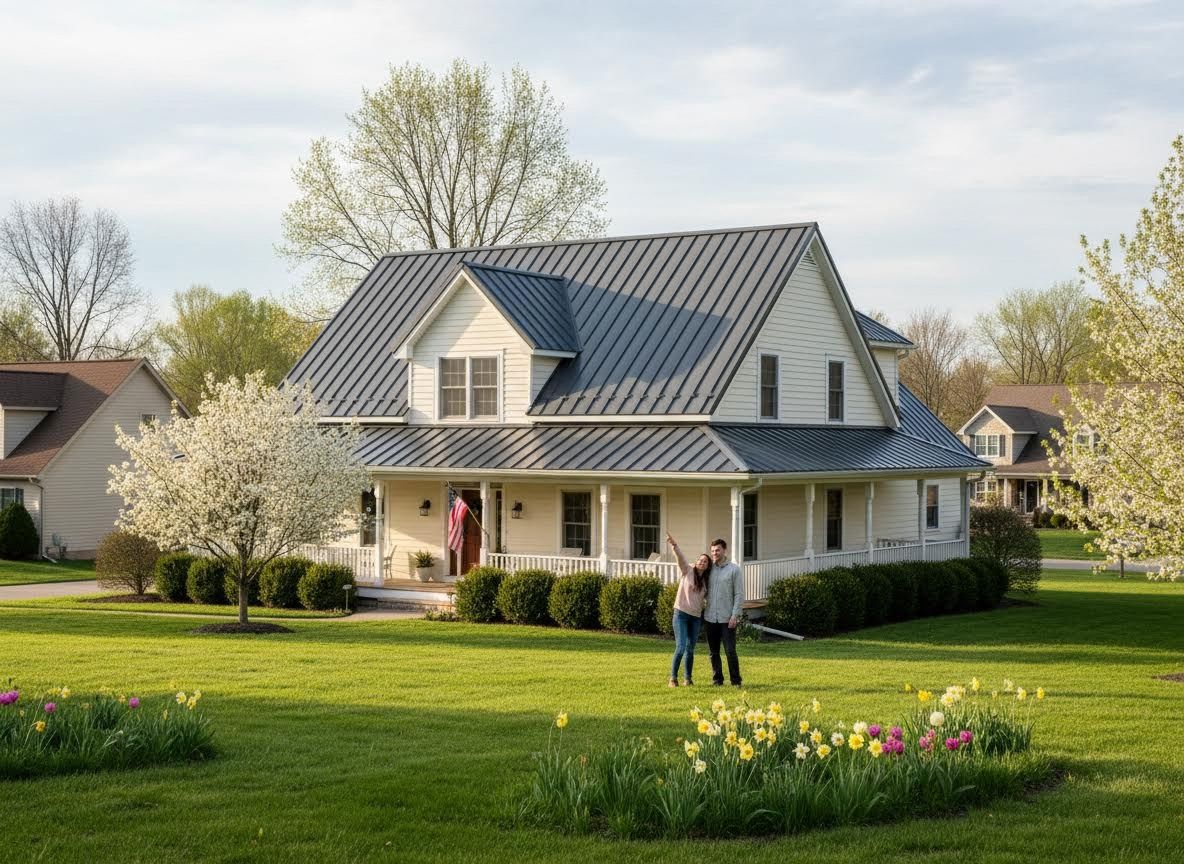 Happy couple in front of their new house with a metal roof