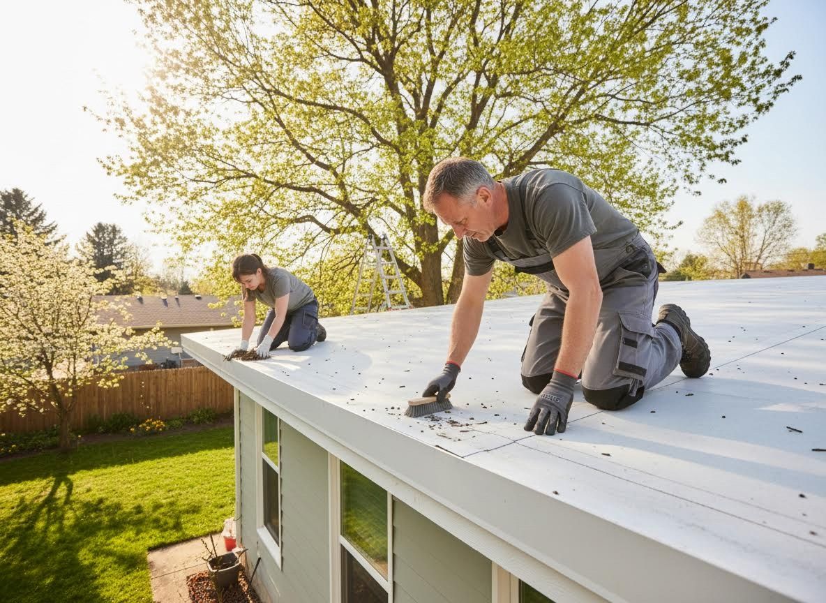 Man and Woman Cleaning a Flat Roof