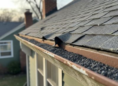 Damaged Roof and Granule-Filled Gutter