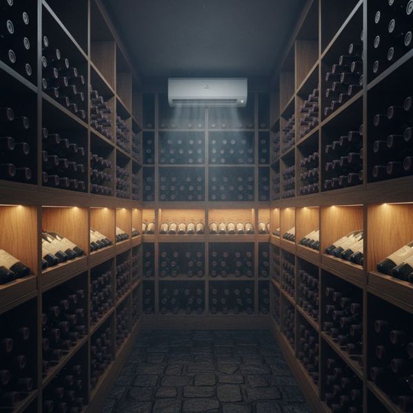 Extensive wood shelving in a dedicated wine cellar cooled by a mini-split unit.