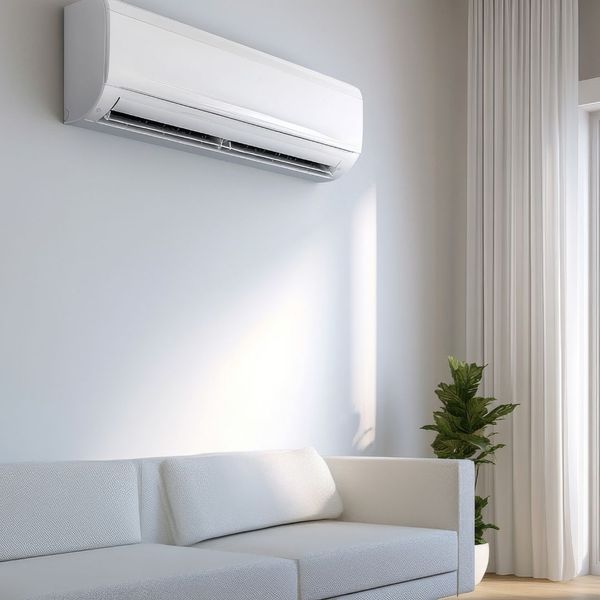 Modern mini-split unit mounted on a white wall above a clean, white sofa. Modern mini-split unit mounted on a white wall above a clean, white sofa.