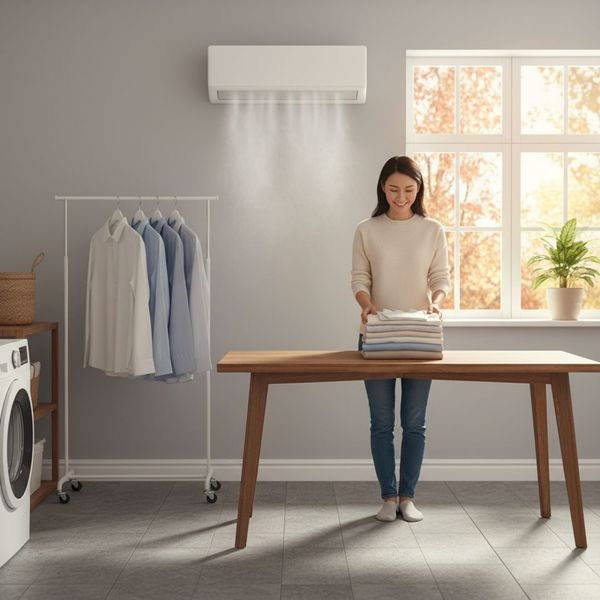 Woman folding dry laundry in a clean laundry room with a wall-mounted mini-split. Woman folding dry laundry in a clean laundry room with a wall-mounted mini-split.