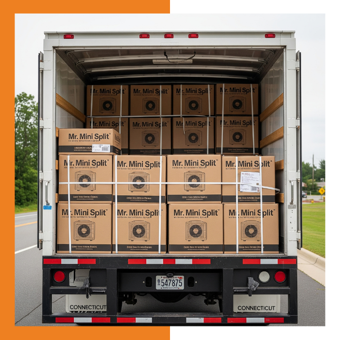 Boxes of Mr Mini Split units in a delivery truck