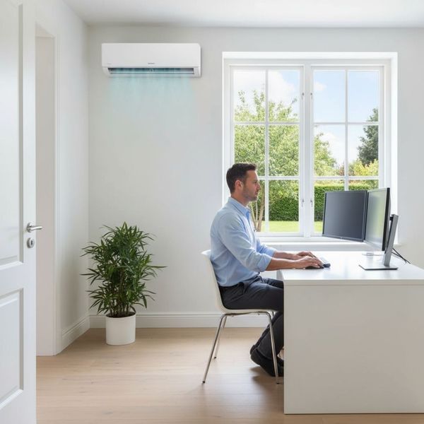 Man working on two monitors in a minimalist home office with a mini-split unit.