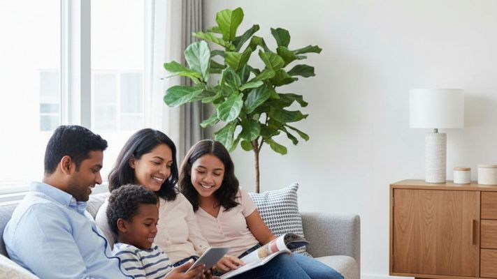 Family relaxing comfortably in a modern living room