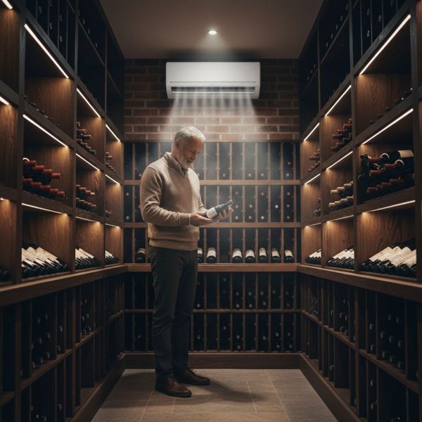 Man checking a bottle in a temperature-controlled wine cellar with a mini-split. Man checking a bottle in a temperature-controlled wine cellar with a mini-split.