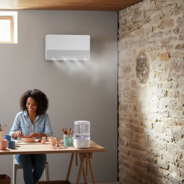 Woman working on pottery in an art studio with a mini-split AC on a stone wall. Woman working on pottery in an art studio with a mini-split AC on a stone wall.