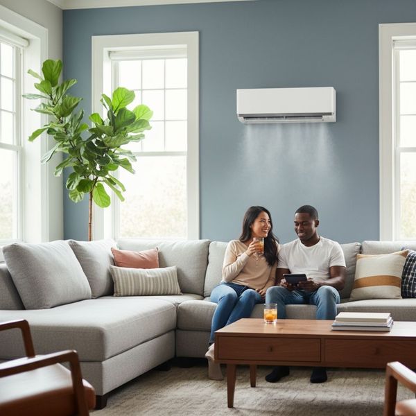 Couple relaxing and talking on a large sectional couch under a functioning mini-split. Couple relaxing and talking on a large sectional couch under a functioning mini-split.